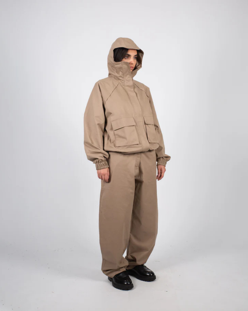 Unisex Tobacco Brown Tactical Hooded Jacket with Large Front Cargo Pockets