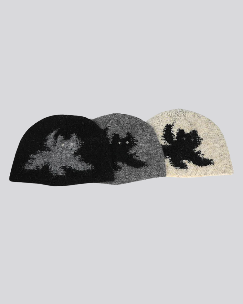 Fuzzy Knit Beanie with Abstract Cat Graphic