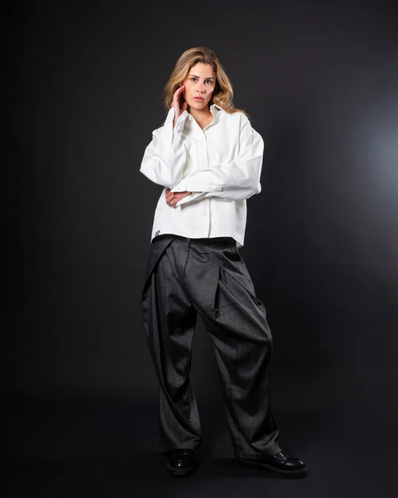 Men’s Wide-Leg Pleated Charcoal Wool Trousers
