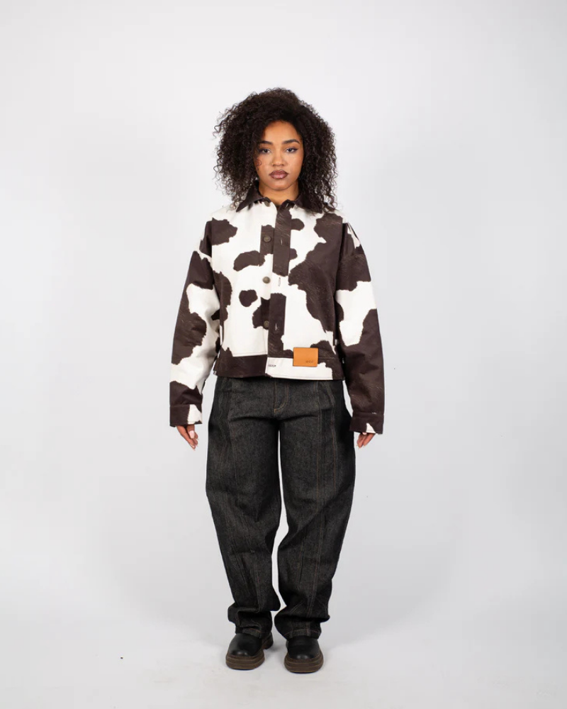 Cow Print Trucker Jacket with Textured Finish and Metal Hardware