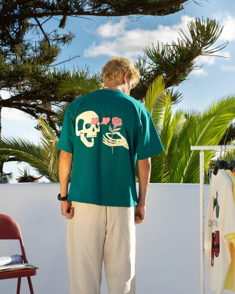 Unisex Oversized Graphic T-Shirt with Back Skeleton Illustration – Pine Green