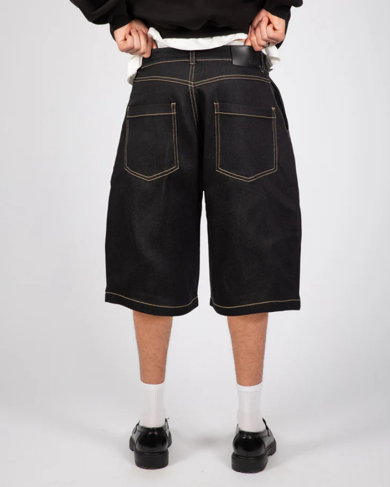 Black Straight-Leg Denim Shorts with Front Pleats and Contrast Stitching