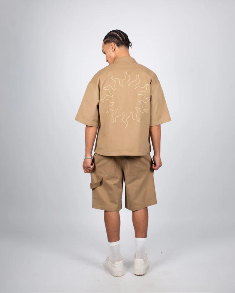 Heavyweight Short Sleeve Button-Up Overshirt with Back Embroidery - Tobacco