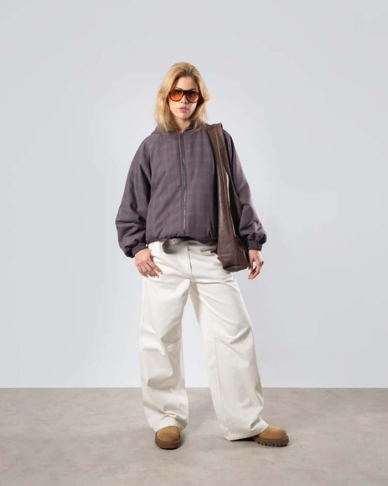 Women's Dark Gray Tartan Hooded Jacket with Full-Zip Front