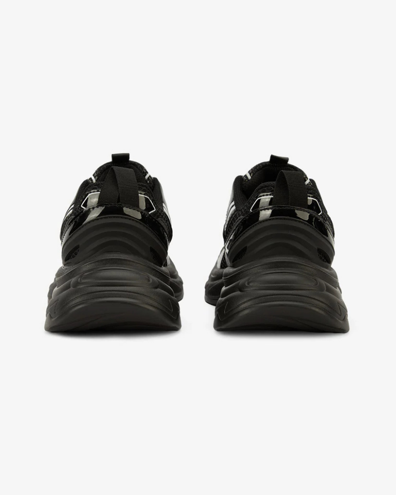 Black Chunky Sneakers with Mesh Upper and Glossy Overlay Accents