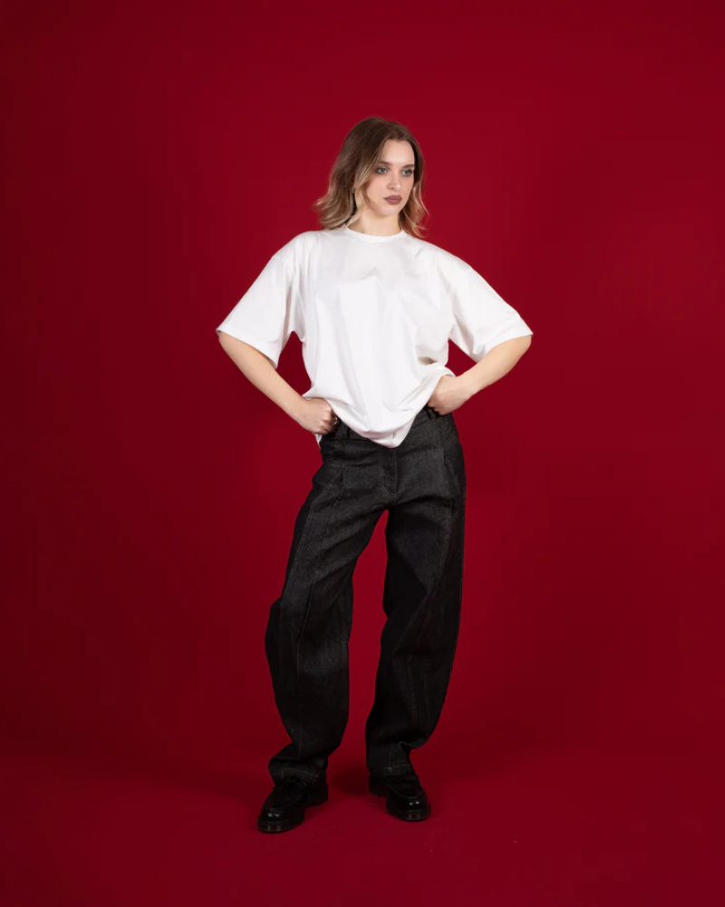 Wide Leg Dark Grey Denim Trousers with Vertical Seam Detail