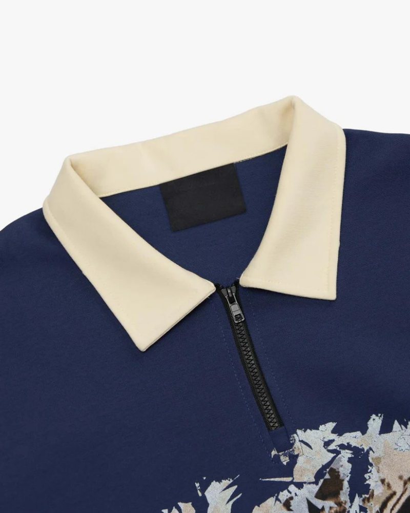 Navy Blue Quarter-Zip Sweatshirt with Collared Neckline and Car Graphic