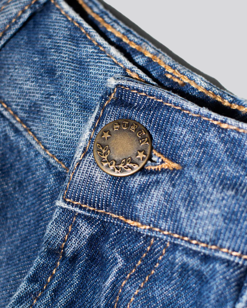 Blue Denim Wide Leg Jeans with Five-Pocket Design and Metal Button Closure