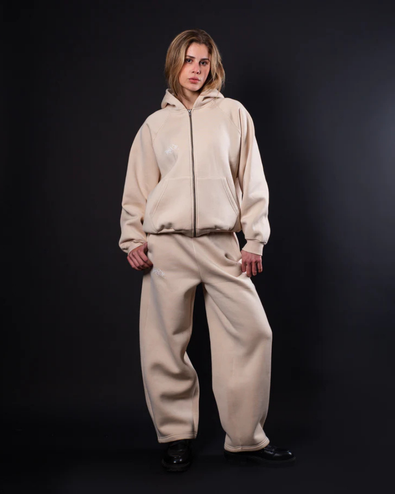 STRTN Cream Zip-Up Hoodie with Raglan Sleeves and Embroidered Logo