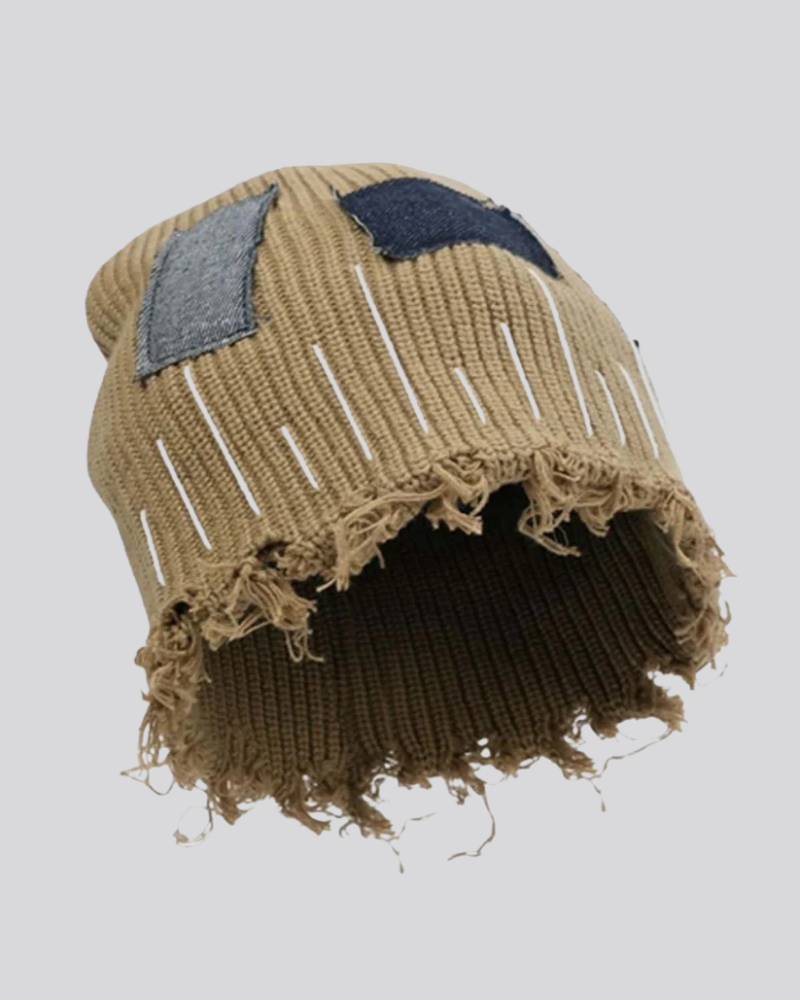 Distressed Ribbed Knit Beanie with Denim Patchwork and Exposed Stitching