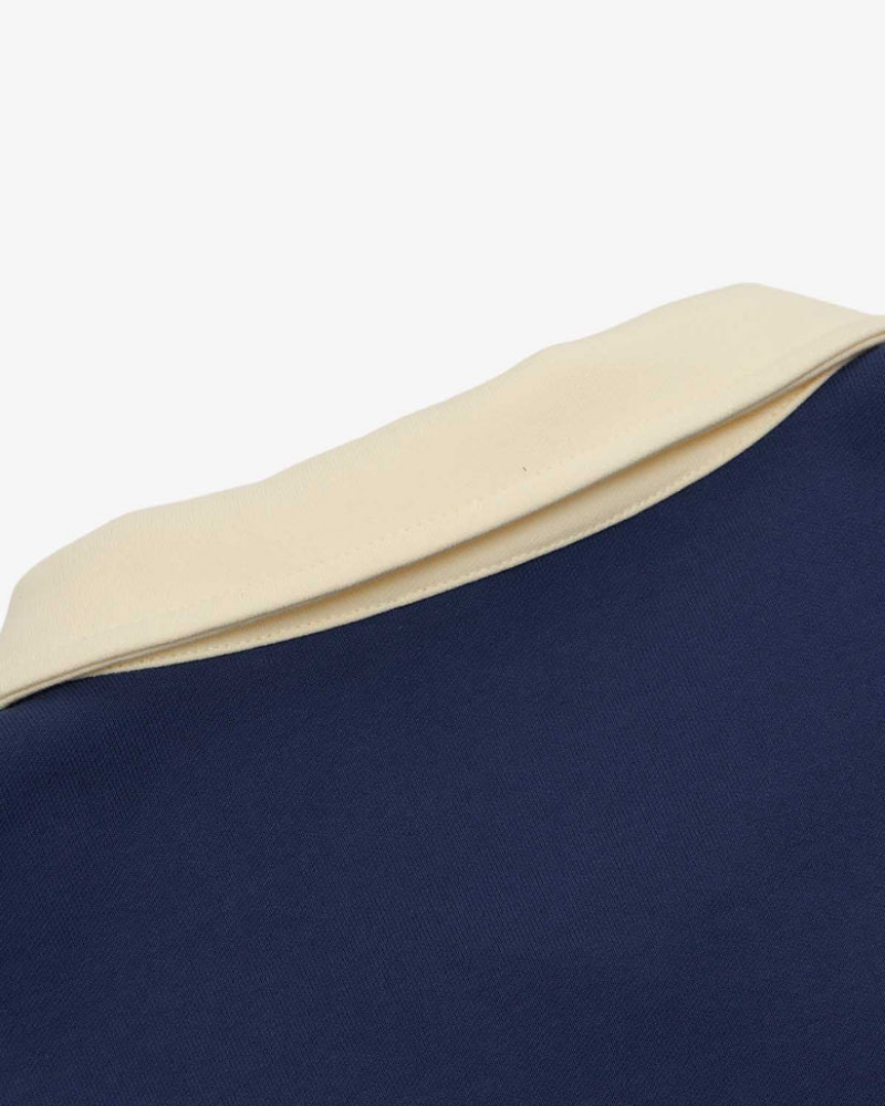 Navy Blue Quarter-Zip Sweatshirt with Collared Neckline and Car Graphic
