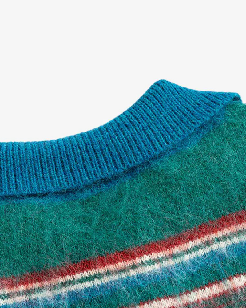 Blue and Cream Striped Jacquard Knit Polo Sweater