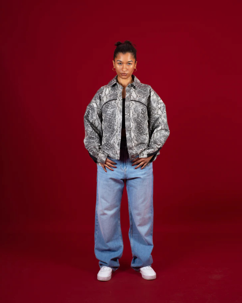 Snakeskin Pattern Vegan Leather Jacket with Contrast Piping and Front Pockets