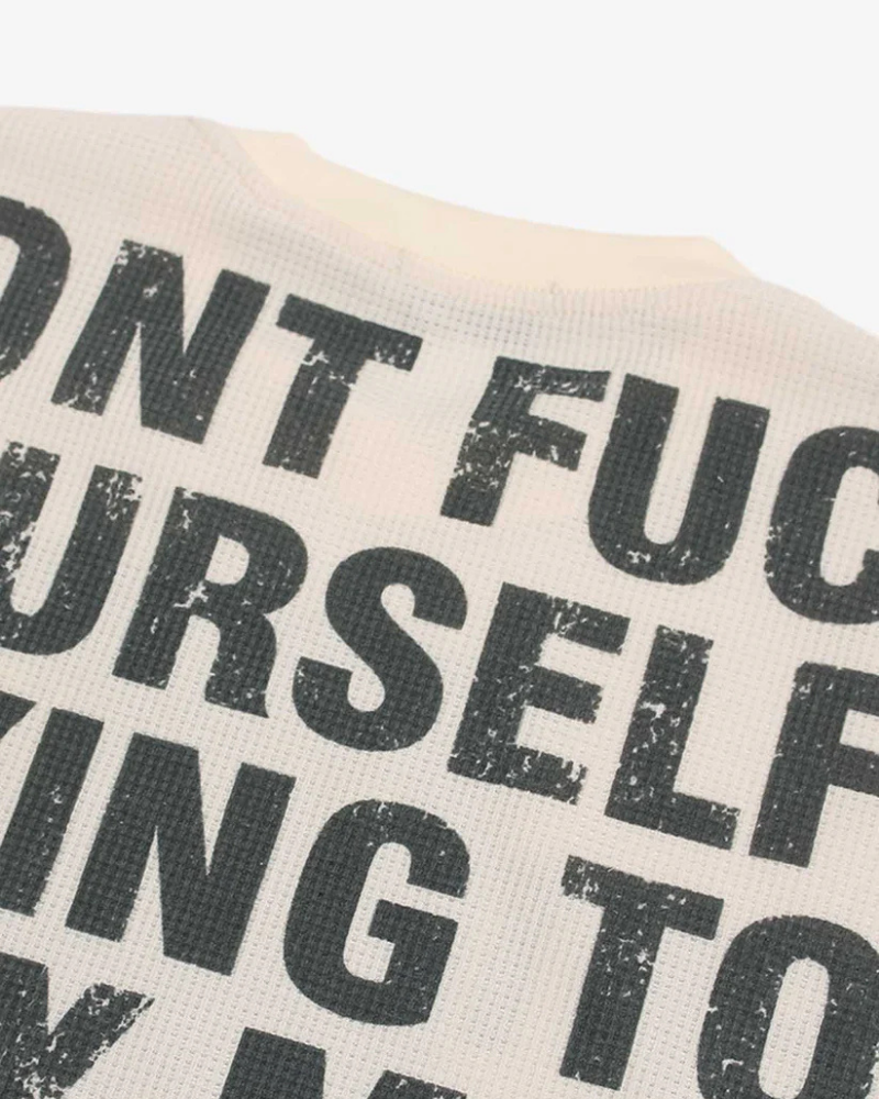 Beige Waffle Knit Crewneck Sweatshirt with Vintage Emblem Graphic