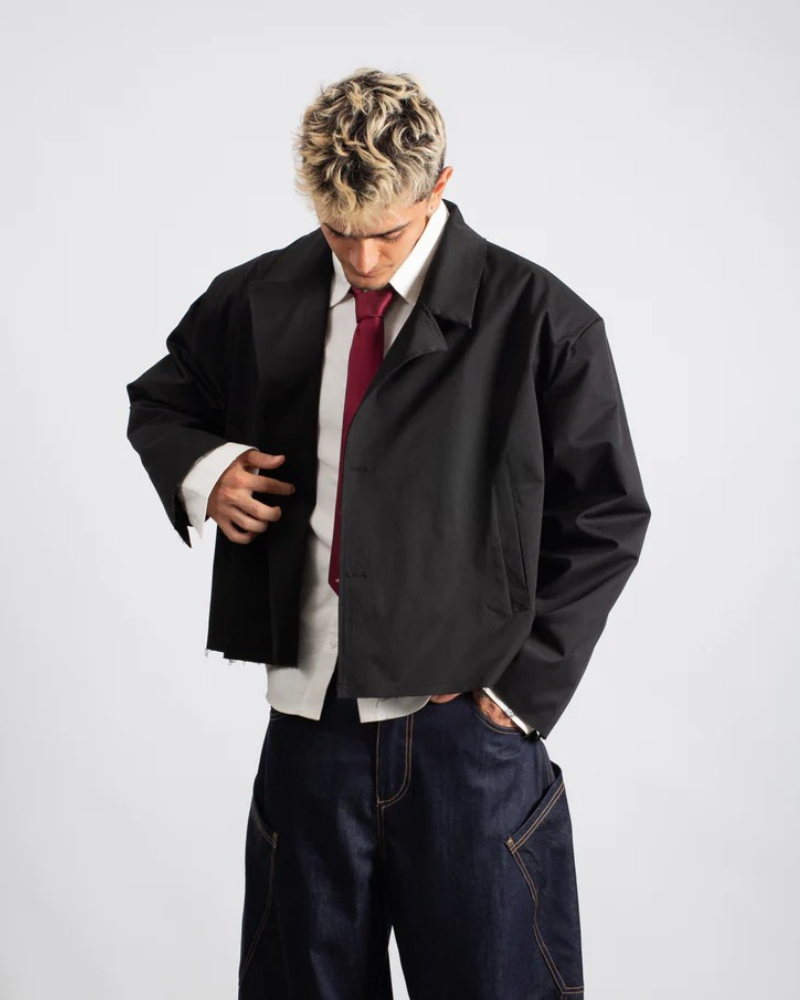 Black Cropped Trench Coat with Raw Hem and Double-Button Closure