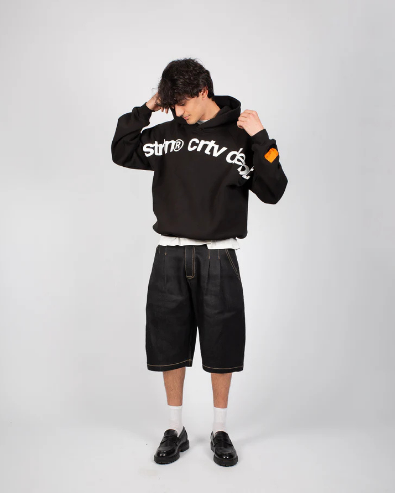 Black Straight-Leg Denim Shorts with Front Pleats and Contrast Stitching