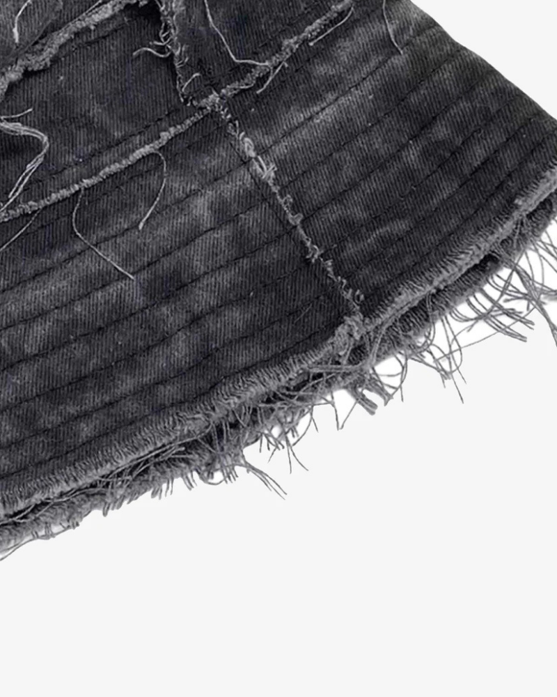 Black Ripped Denim Bucket Hat with Raw Frayed Edges