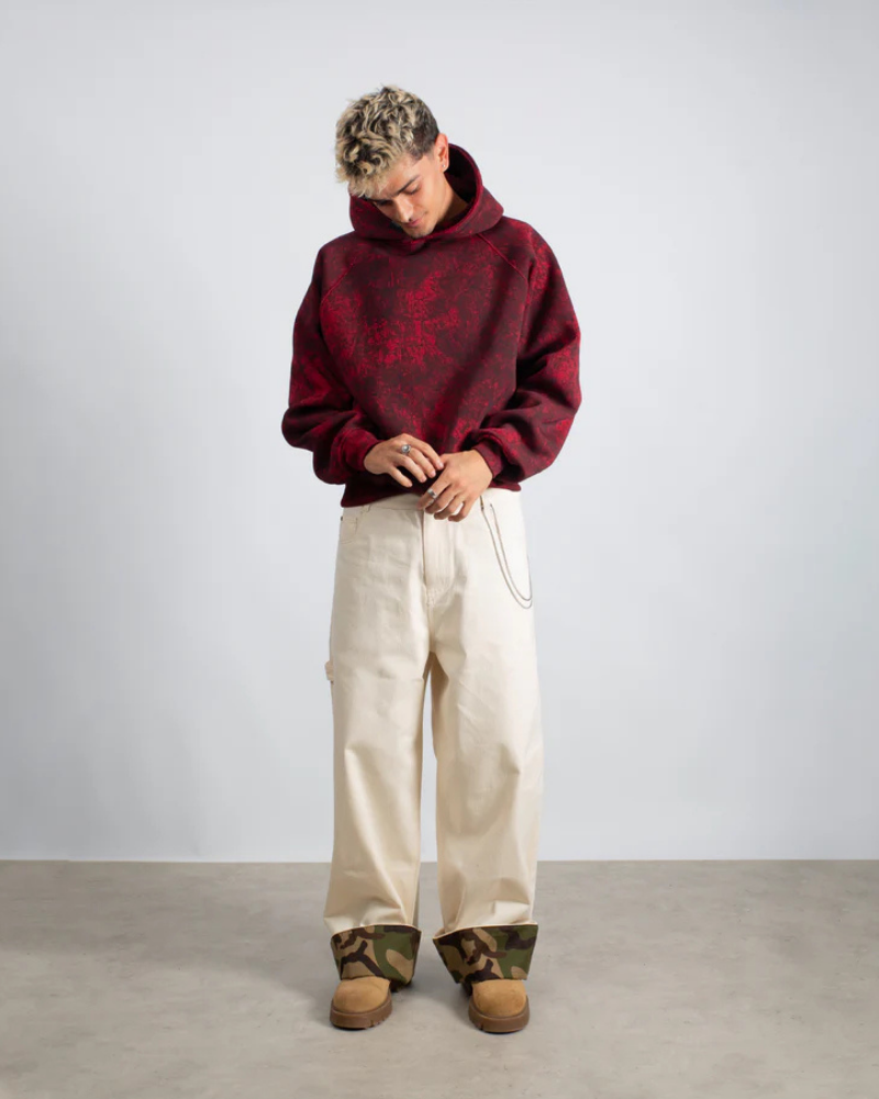 Red and Black Acid-Wash Hooded Sweatshirt with Raglan Sleeves