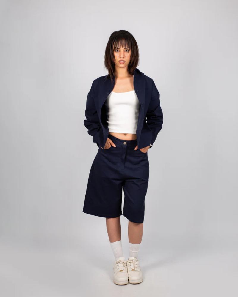 Navy Blue Straight-Leg Shorts with Five-Pocket Styling and Metallic Hardware