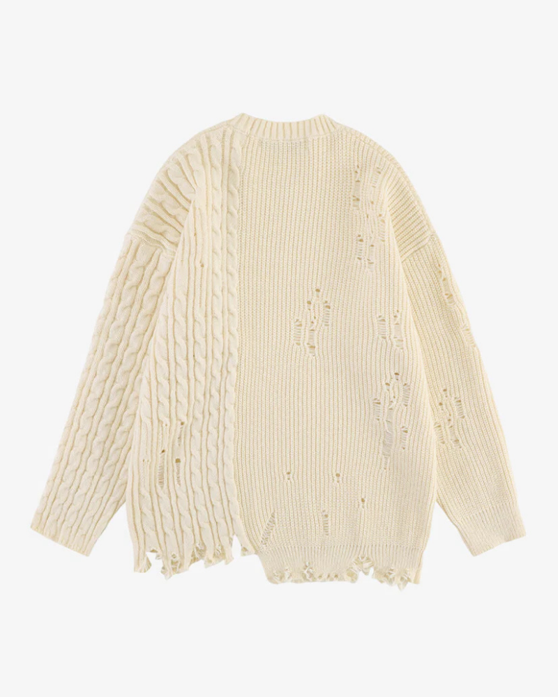 Distressed Cable Knit Polo Sweater with Open Stitch Detail
