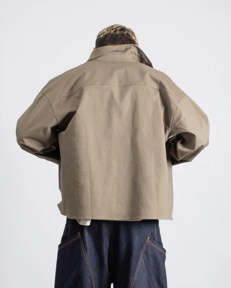 Oversized Long Sleeve Button-Up Shirt with Tonal Graphic Print - Taupe