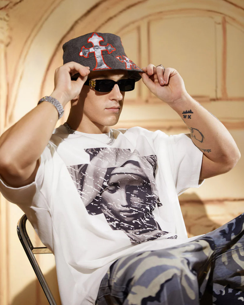 Denim Bucket Hat with Cross Applique and Portrait Detail