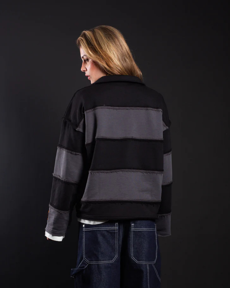 Black and Gray Striped Distressed Short-Sleeve Polo Shirt