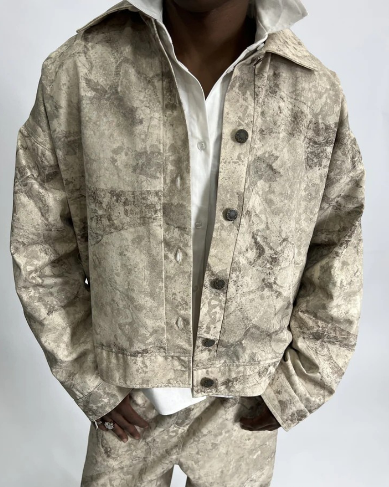 Unisex Sand Moss Camouflage Patterned Jacket with Full Button Front