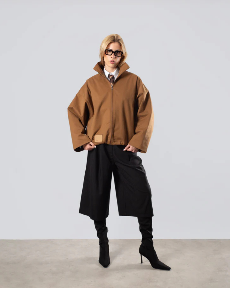 Women's High Neck Zip-Up Jacket in Rust with Adjustable Hem