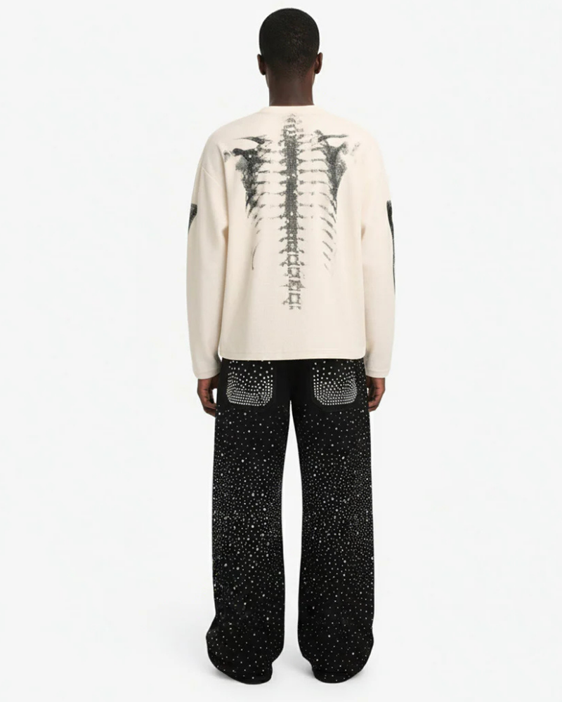 Beige Waffle Knit Long-Sleeve Sweater with Skeleton Ribcage Graphic