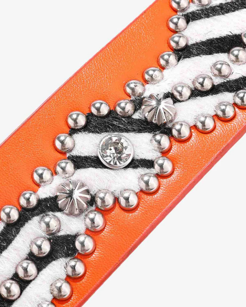Orange Wide Belt with Zebra Print Panels and Crystal Spider Studs
