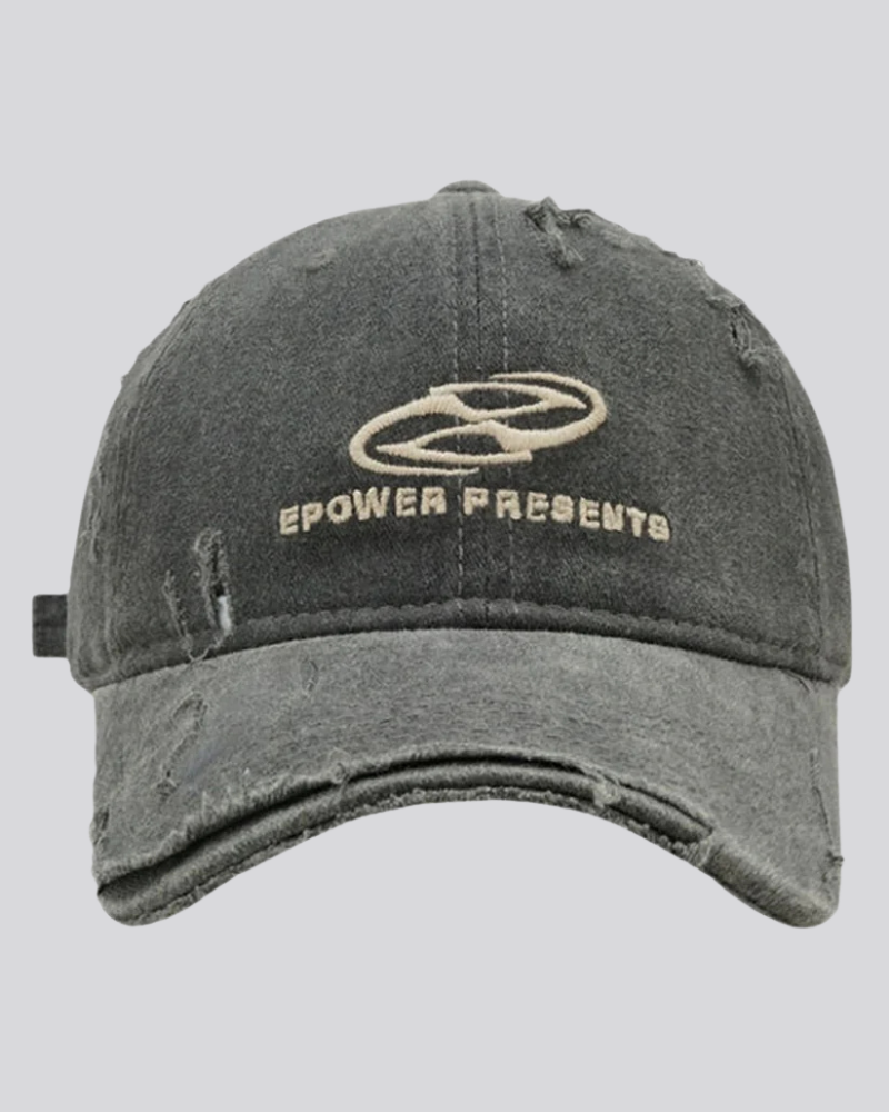 Distressed Washed Baseball Cap with Embroidered Graphic and Ripped Brim