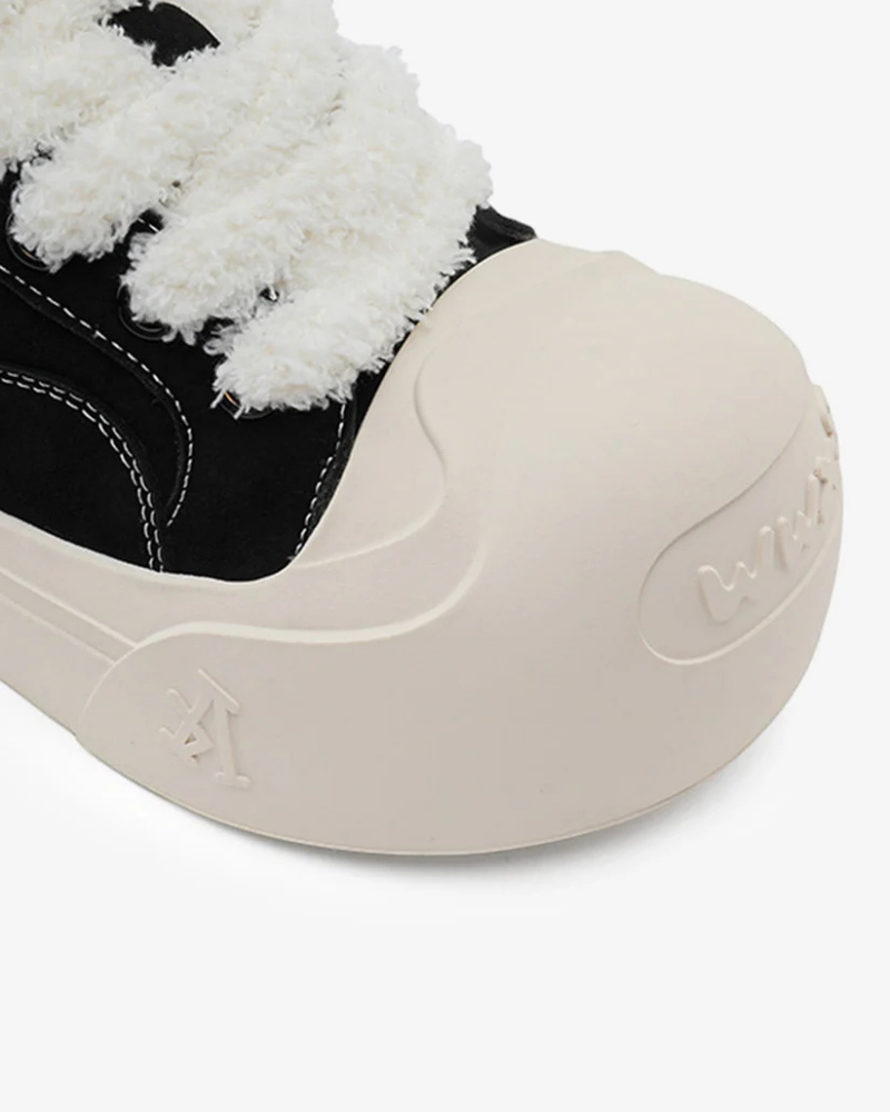 Black Suede-Textured Platform Sneakers with Exaggerated Bulbous Toe and Fluffy Laces