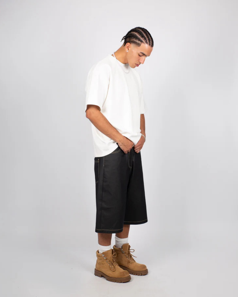 Black Straight-Leg Shorts with Contrast Yellow Stitching and Five-Pocket Design