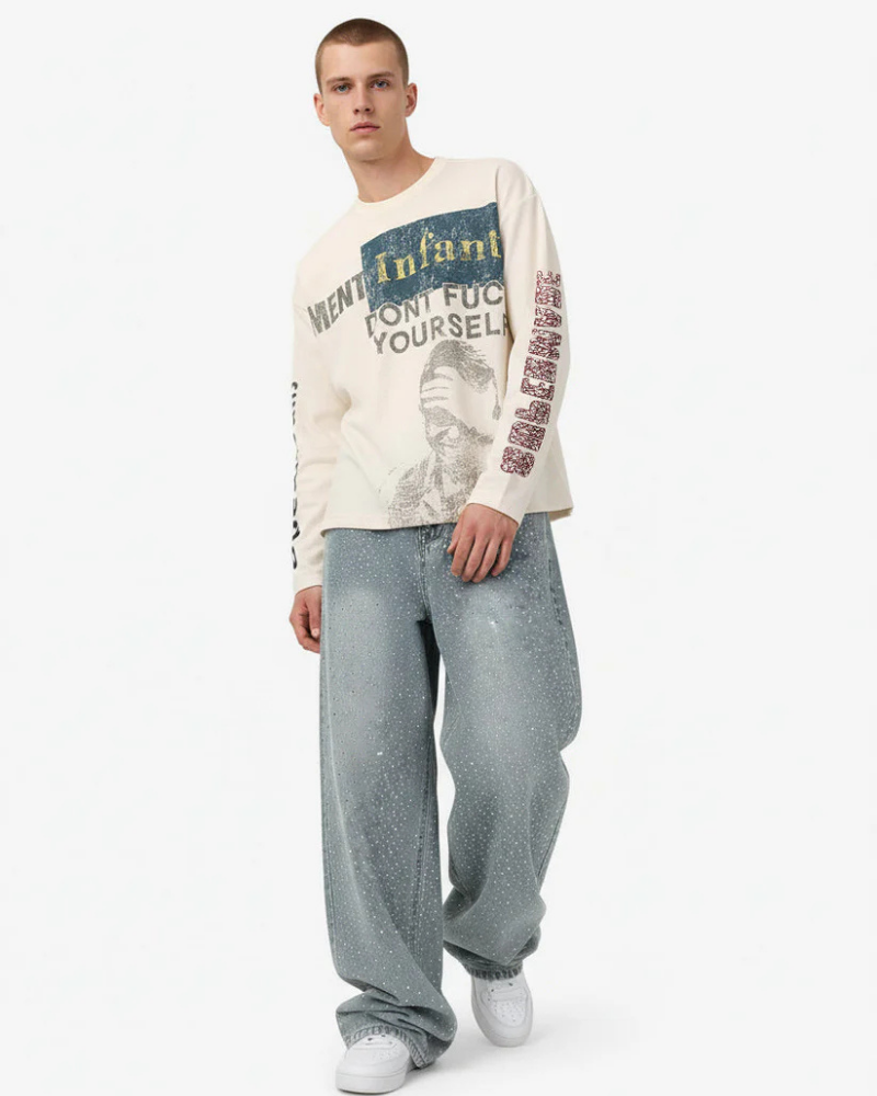 Beige Waffle Knit Crewneck Sweatshirt with Vintage Emblem Graphic