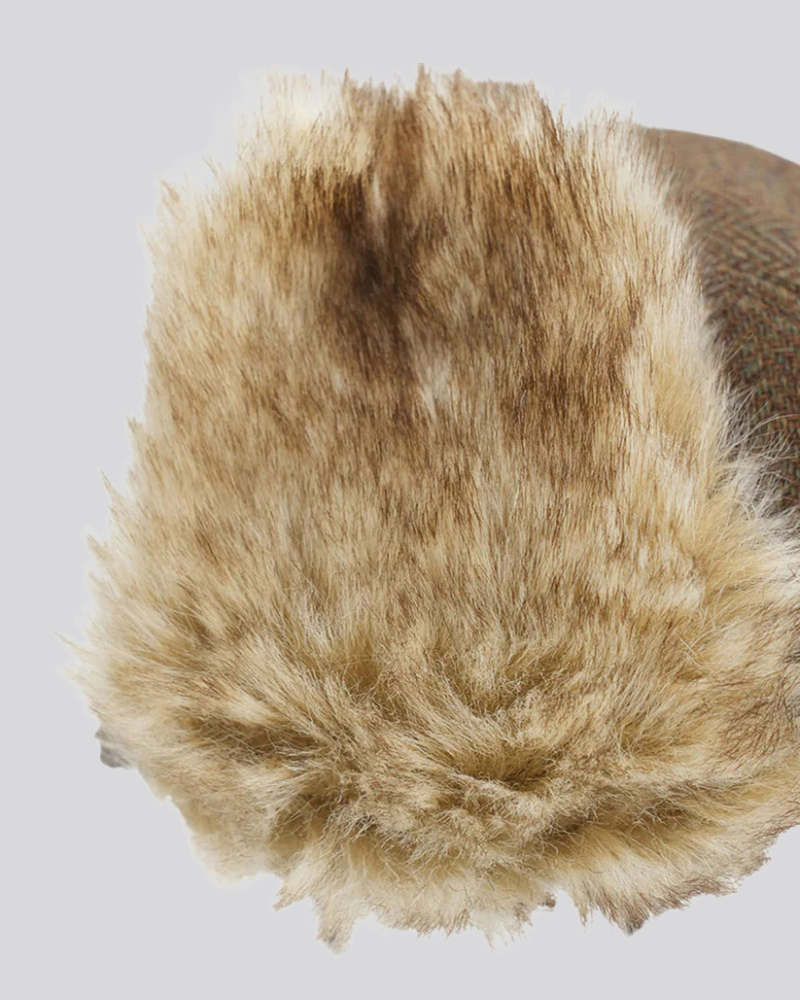 Brown Herringbone Tweed Cap with Faux Fur Ear Flaps and Embroidery
