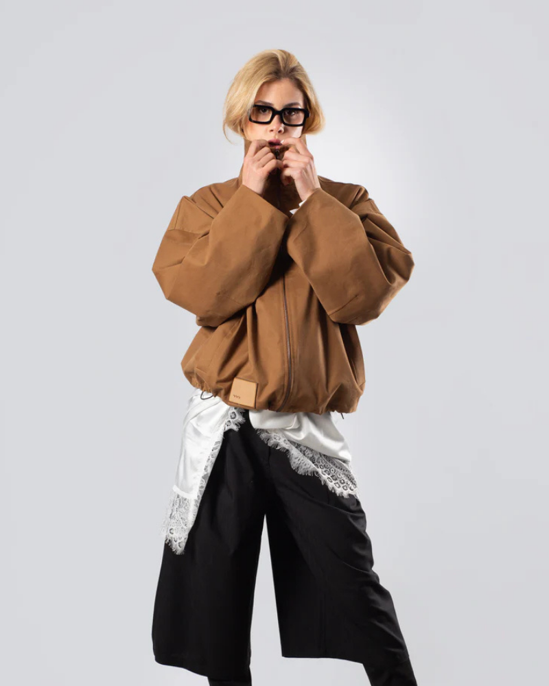 Women's High Neck Zip-Up Jacket in Rust with Adjustable Hem