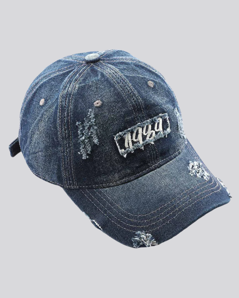 Distressed Denim Baseball Cap with 1989 Embroidered Patch