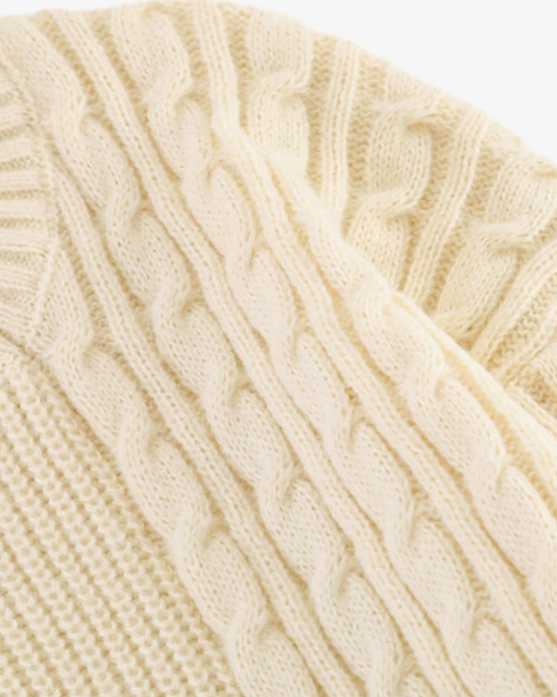 Distressed Cable Knit Polo Sweater with Open Stitch Detail