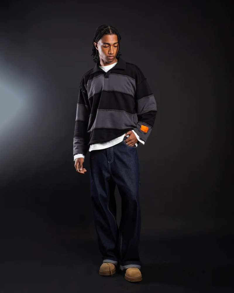 Black and Gray Striped Distressed Short-Sleeve Polo Shirt