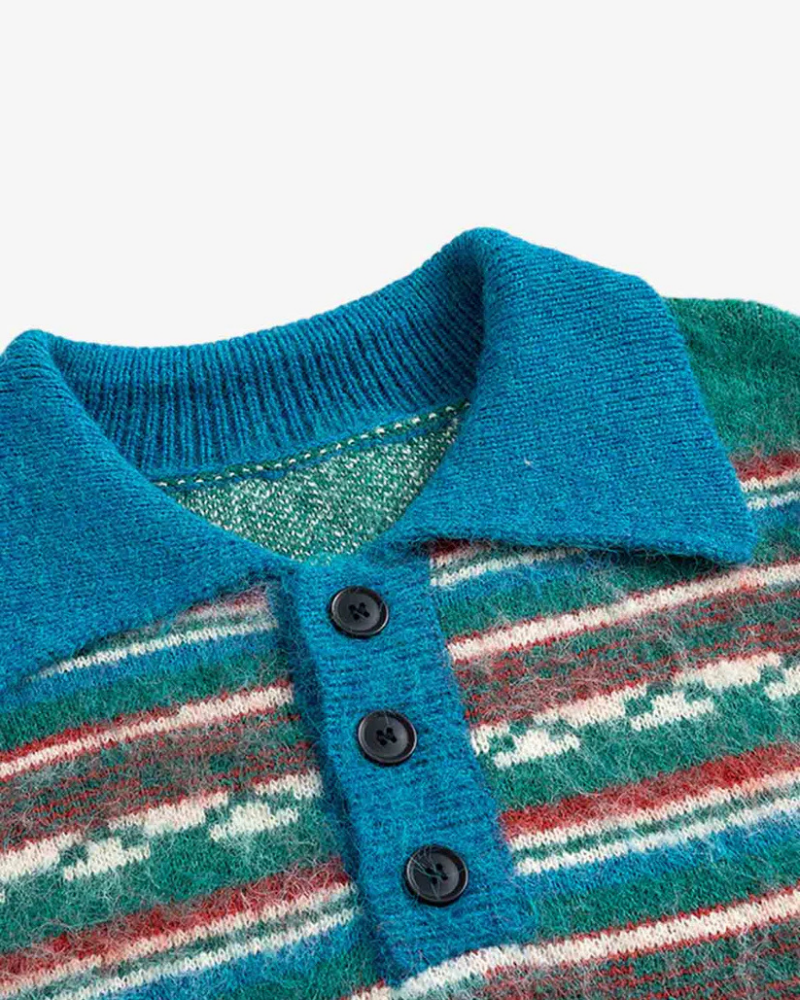 Blue and Cream Striped Jacquard Knit Polo Sweater