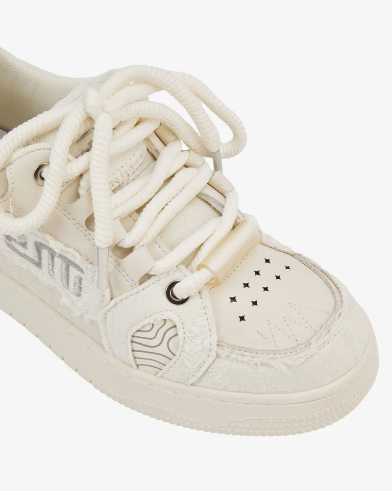 Cream Low-Top Sneakers with Distressed Canvas Overlays and Rope Laces