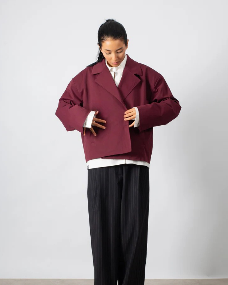 Maroon Cropped Trench Coat with Raw Hem and Double-Button Closure