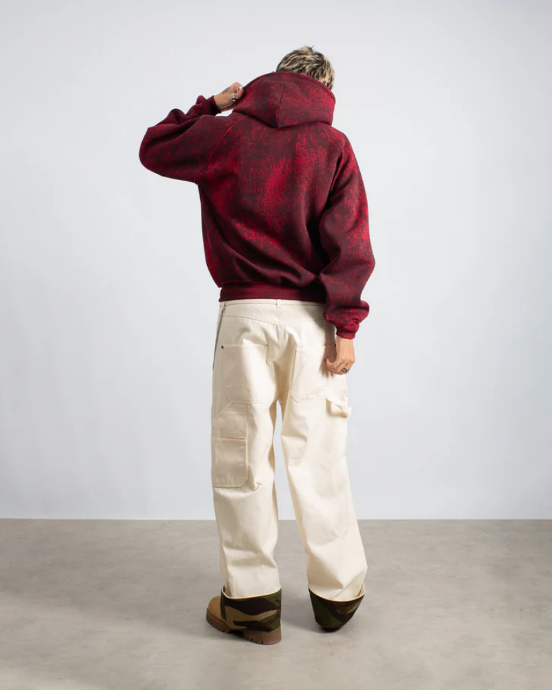 Red and Black Acid-Wash Hooded Sweatshirt with Raglan Sleeves