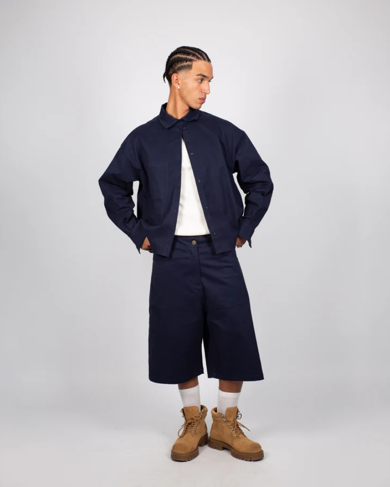 Navy Blue Straight-Leg Shorts with Five-Pocket Styling and Metallic Hardware