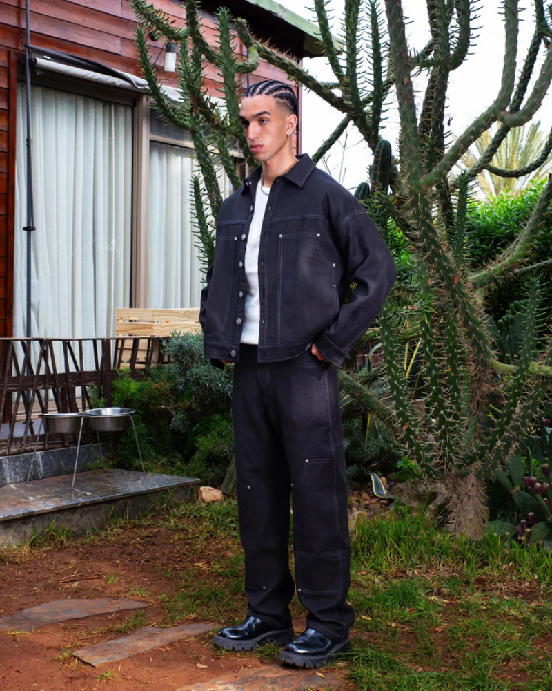 Black Straight-Leg Carpenter Pants with Contrast Stitching and Rivet Details