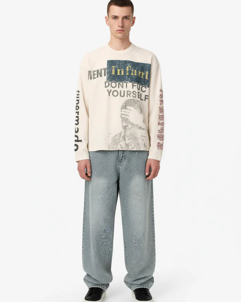 Beige Waffle Knit Crewneck Sweatshirt with Vintage Emblem Graphic