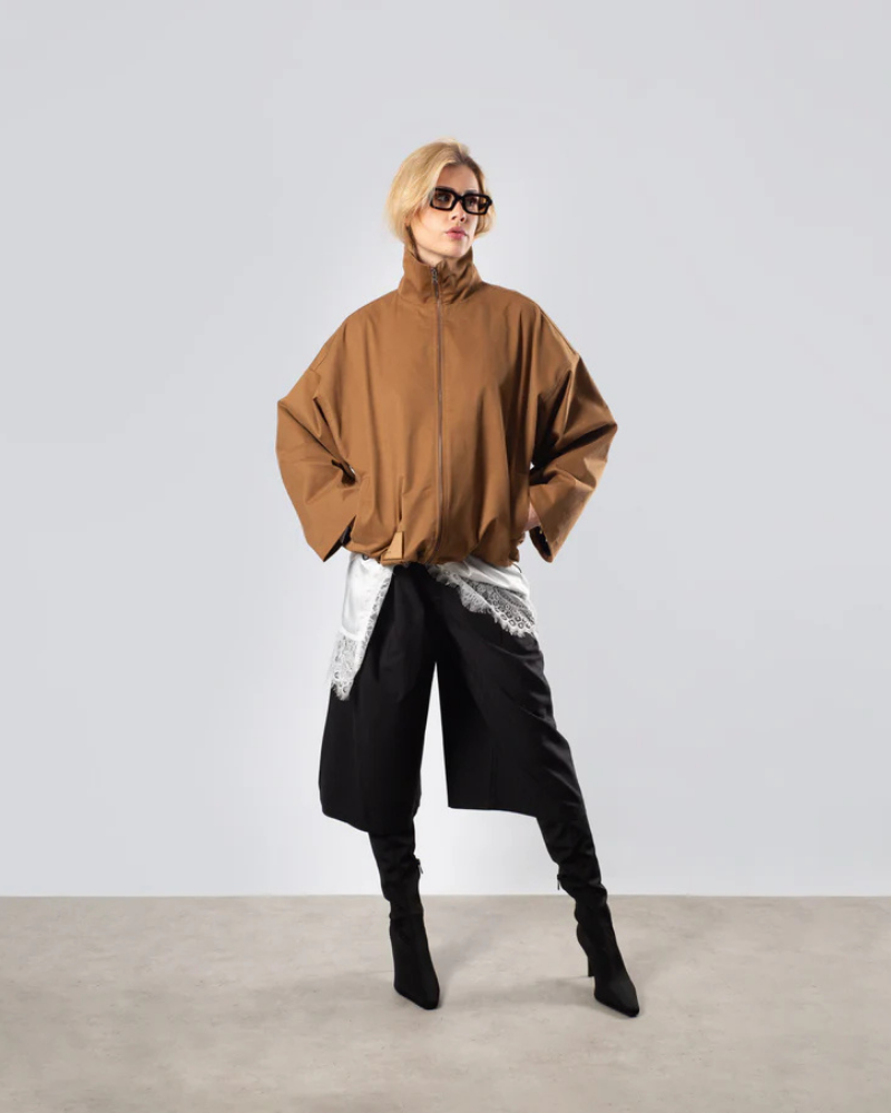 Women's High Neck Zip-Up Jacket in Rust with Adjustable Hem