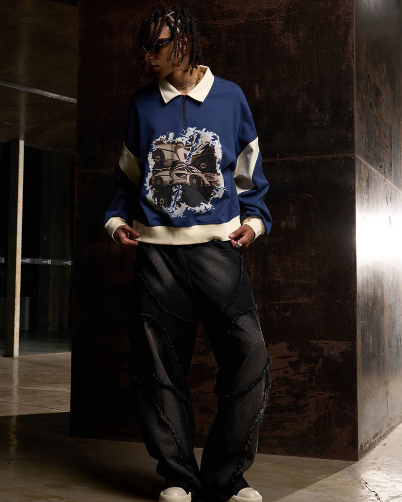 Navy Blue Quarter-Zip Sweatshirt with Collared Neckline and Car Graphic