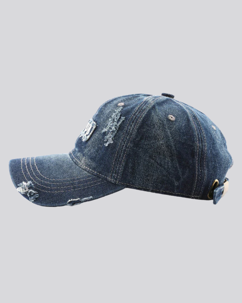Distressed Denim Baseball Cap with 1989 Embroidered Patch